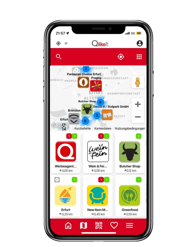 Smartphone mit Qlikeit Shoppingzone und Händler Cards