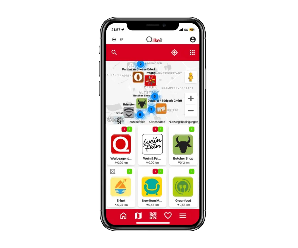 Handy mit Qlikeit Shoppingzone und Händlercards