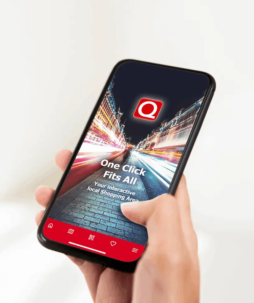 Handy mit Einkaufsstraße und Qlikeit logo