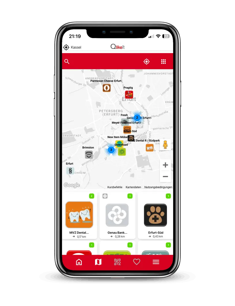 Smartphone mit Shoppingzone und Händlercards